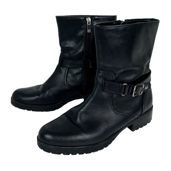 Anne Klein Crayton Moto Biker Leather Boots Black Mid Calf Buckle Classic Shoe 8 - Picture 2 of 13